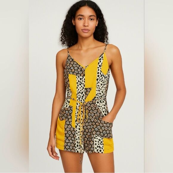 Topshop Patchwork Floral Animal Print Crepe Romper Yellow Black 6 - Picture 1 of 14